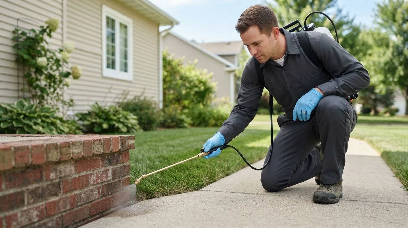 Pest control technician treating a home near Moberly, MO